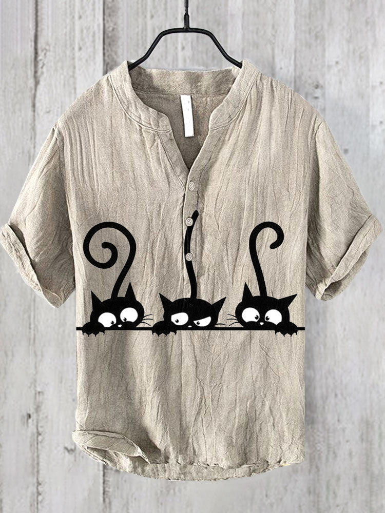 Japanese Art Black Cat Print Cotton Blend Shirt elevenforest