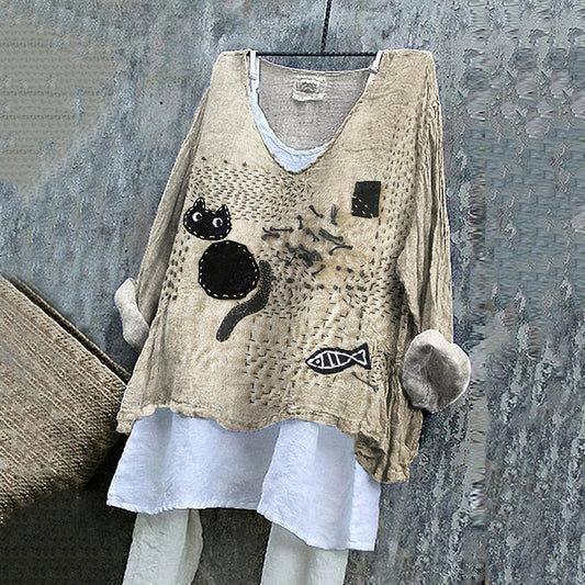 Comstylish Vintage Abstract Cat Sashiko Art Linen Blend Blouse