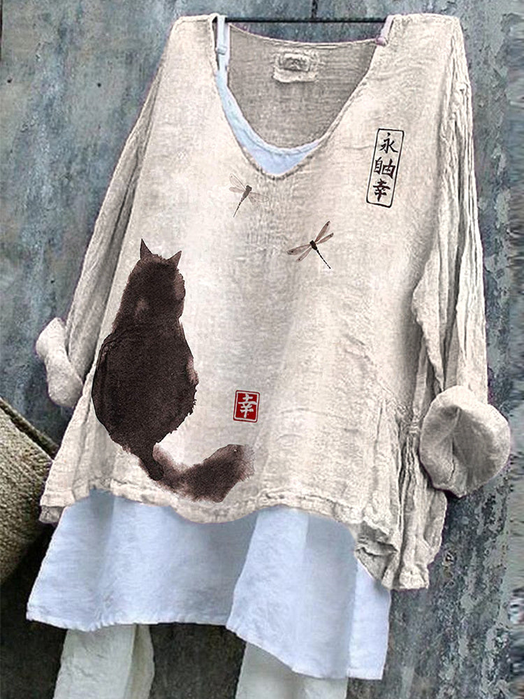 Cat Ink Painting Art Print Linen Blend Casual Shirt elevenforest