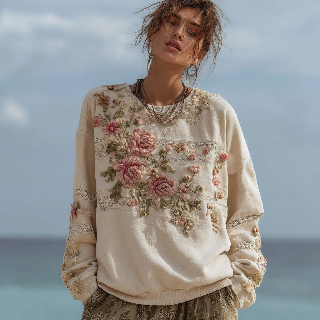 Comstylish Women's Retro Bohemian Rose Floral Stitching Warm Sweatshirt