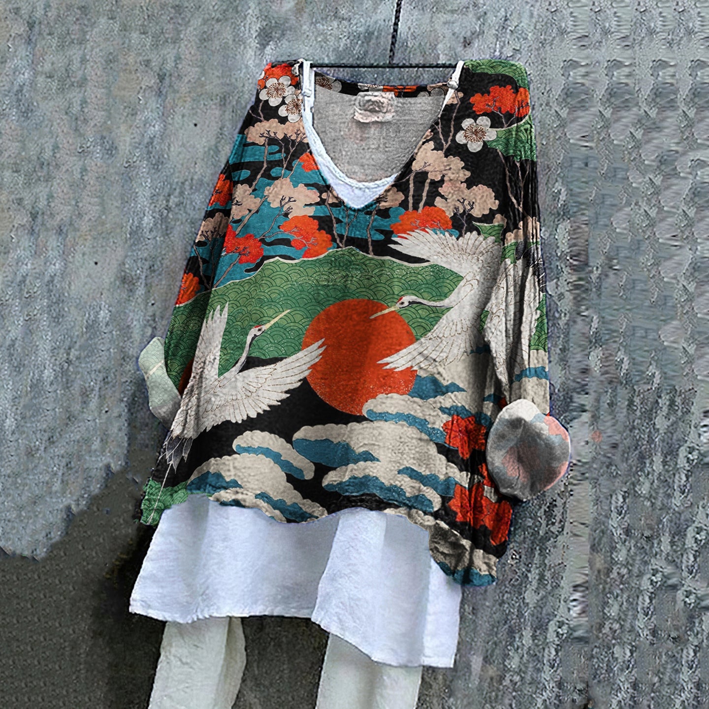 Comstylish Japanese Art Sakura Crane Print V-Neck Blouse