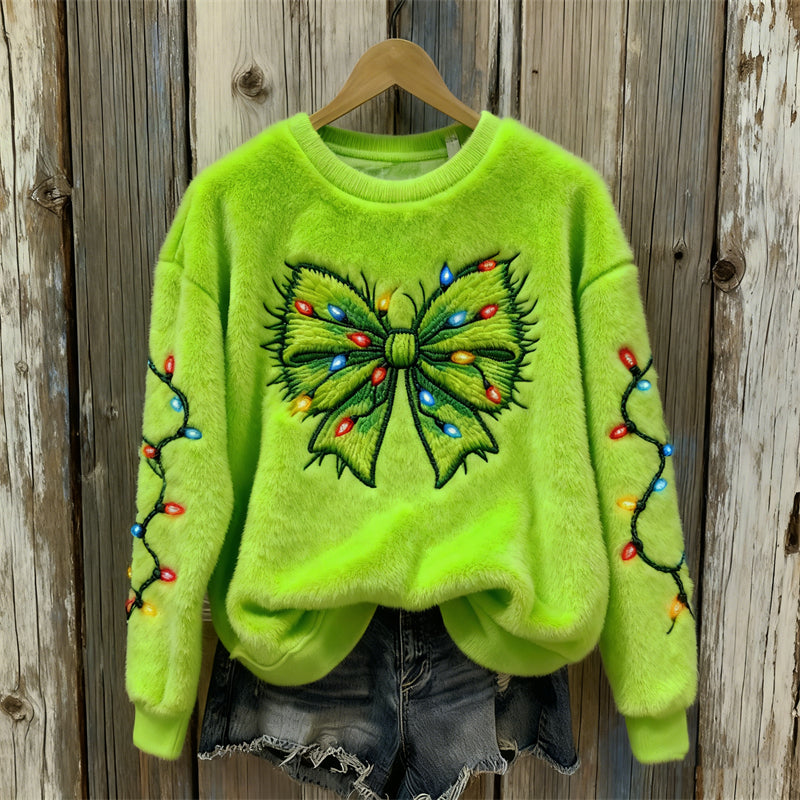 Comstylish Christmas Lights Monster Bow Knot Embroidered Cozy Plush Sweatshirt