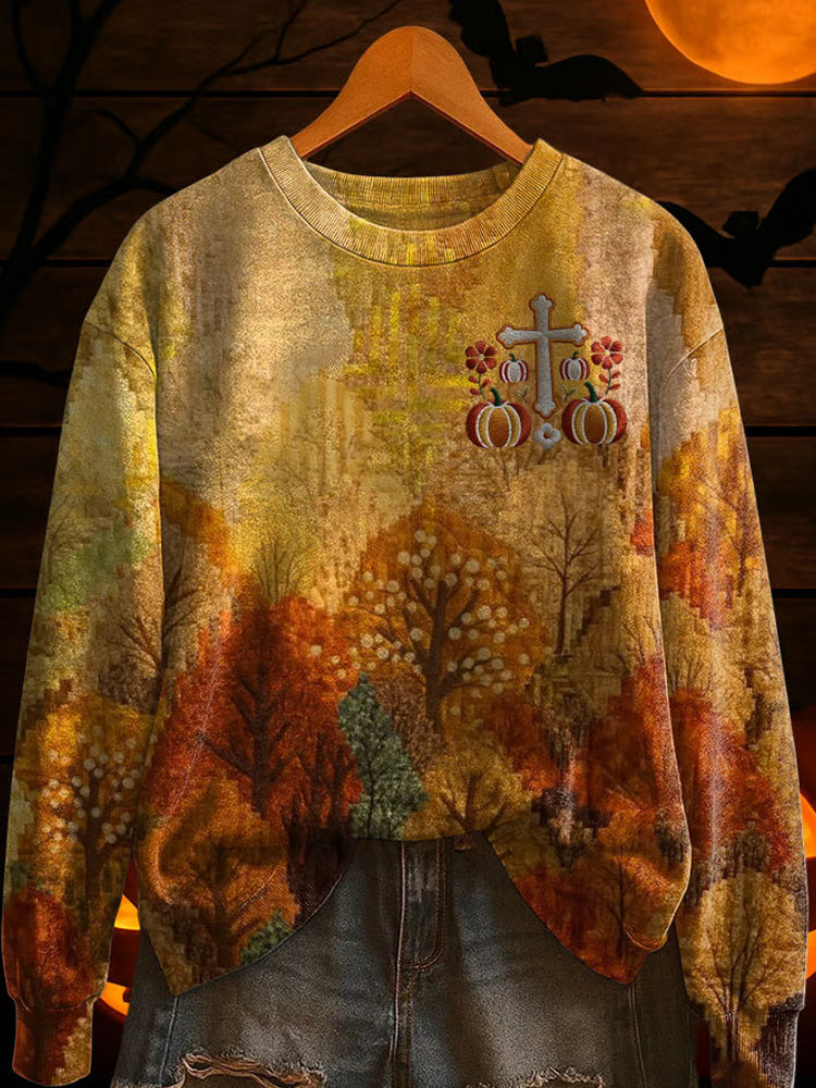 Women's Autumn Leaves Print Casual Round Neck Sweatshirt artswardrobe