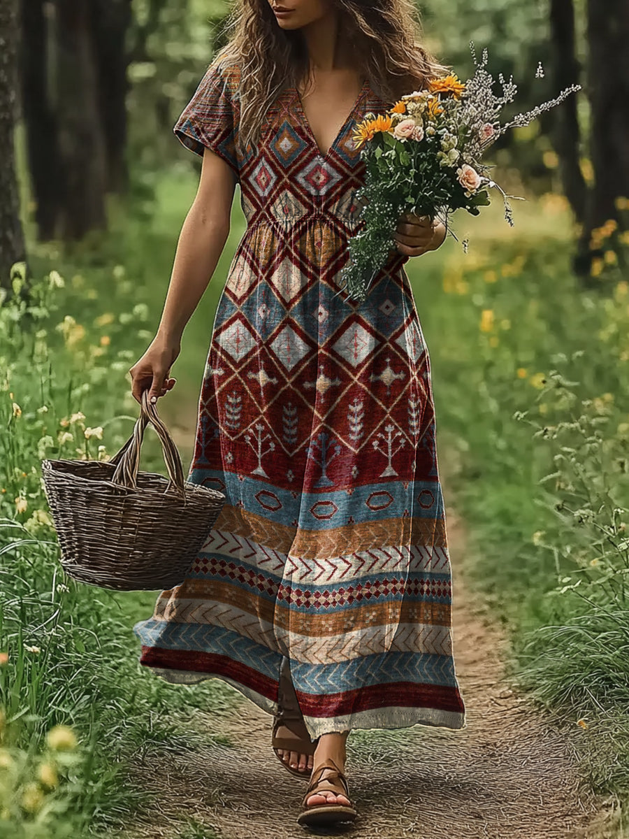 Women's Art Painting Ethnic Retro Print V-Neck Dress