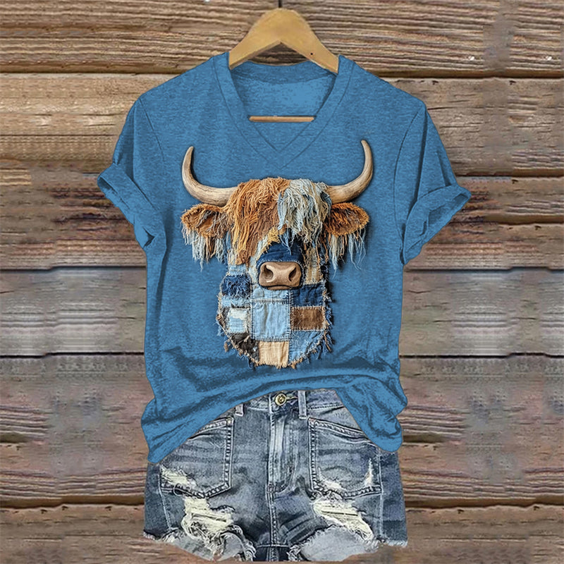 Vintage Highland Cow Denim Art V Neck T Shirt artswardrobe