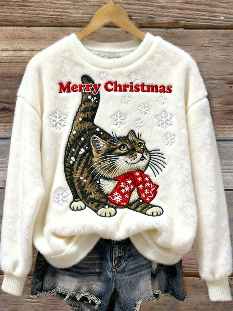 Comstylish Merry Christmas Cat Design Women's Flannel Sweatshirt