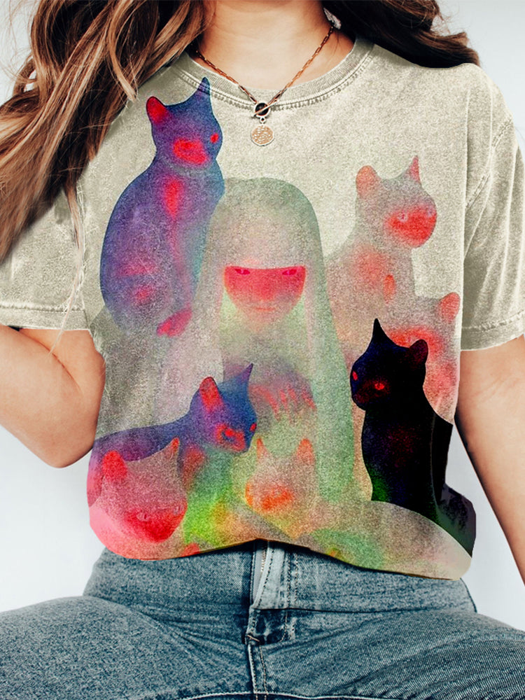Whimsical Cat & Girl Art Vintage Washed T Shirt elevenforest