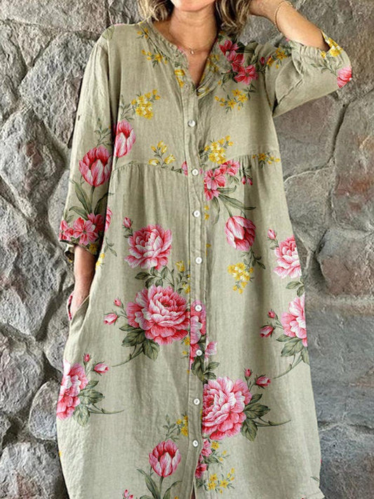 Women's Elegant Vintage Rose Floral Shirt Style Cotton and Linen Dress