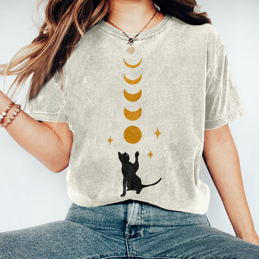 Lovely Cat And Moon Art Vintage Washed T Shirt elevenforest
