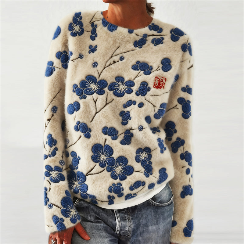 Comstylish Japanese Plum Blossom Lino Embroidered Cozy Plush Sweatshirt