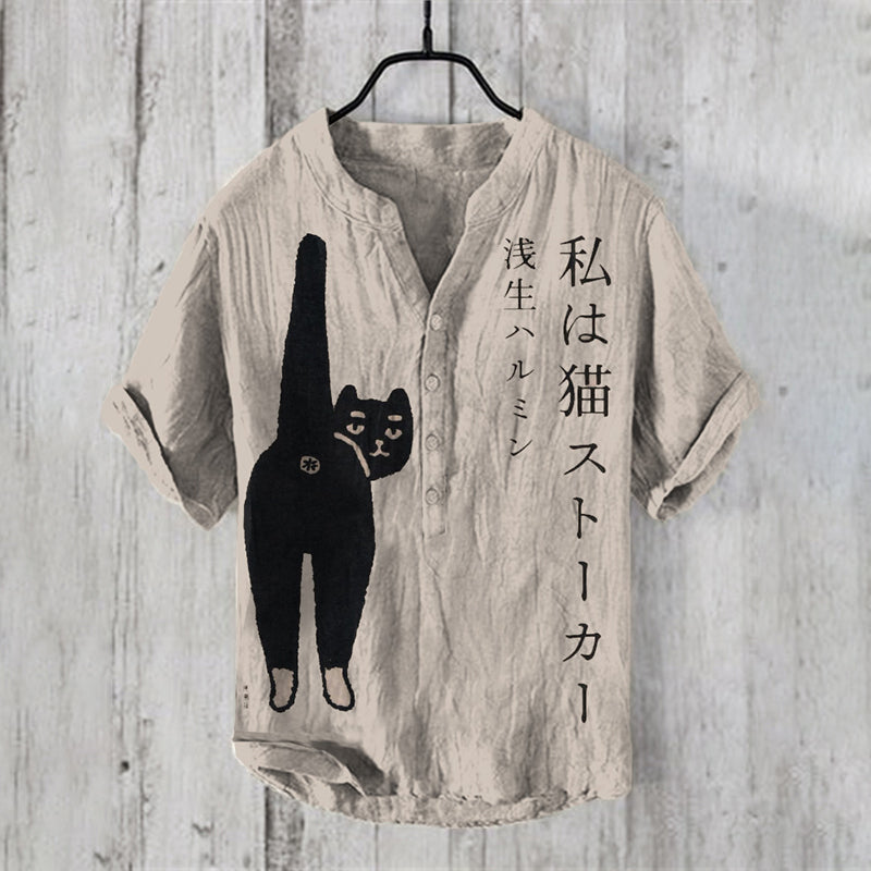 Japanese Art Cat V Neck Casual Linen Blend Shirt elevenforest