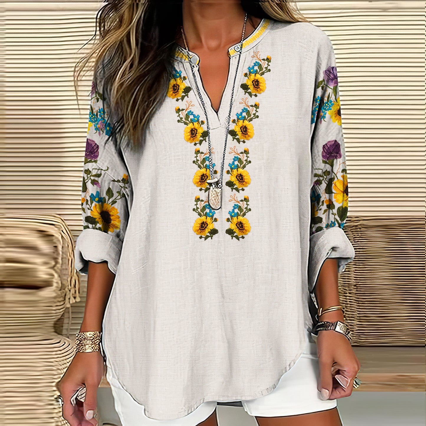 Comstylish Women's Ukraine Sunflower Art V-neck Casual Linen Blend Blouse