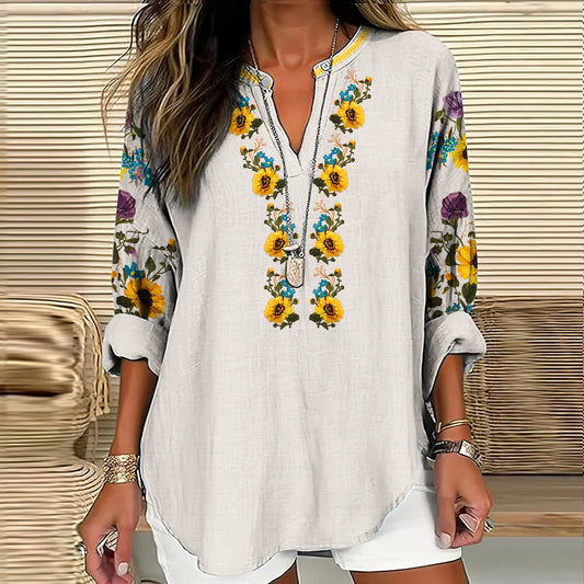 Comstylish Women's Ukraine Sunflower Art V-neck Casual Linen Blend Blouse