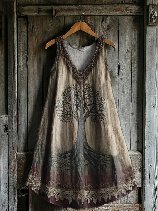 Women's Tree of Life Graphic Art Print V-Neck Pocket Cotton Dress