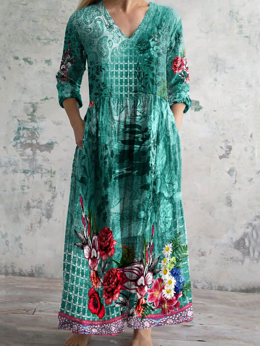 Women's Vintage Floral Print Casual Cotton Dress