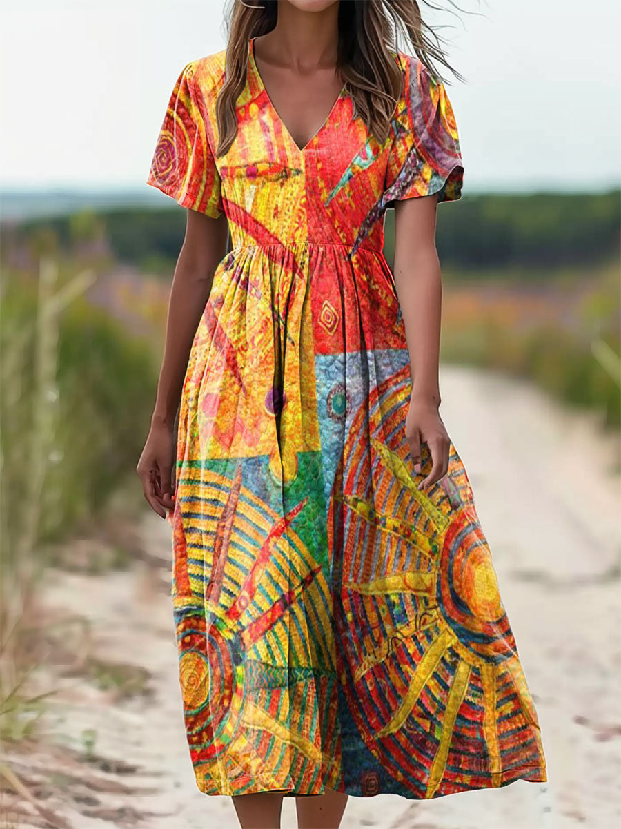 Women's Colorful Sun Patch Print V-Neck Short Sleeve Pocket Cotton Dre