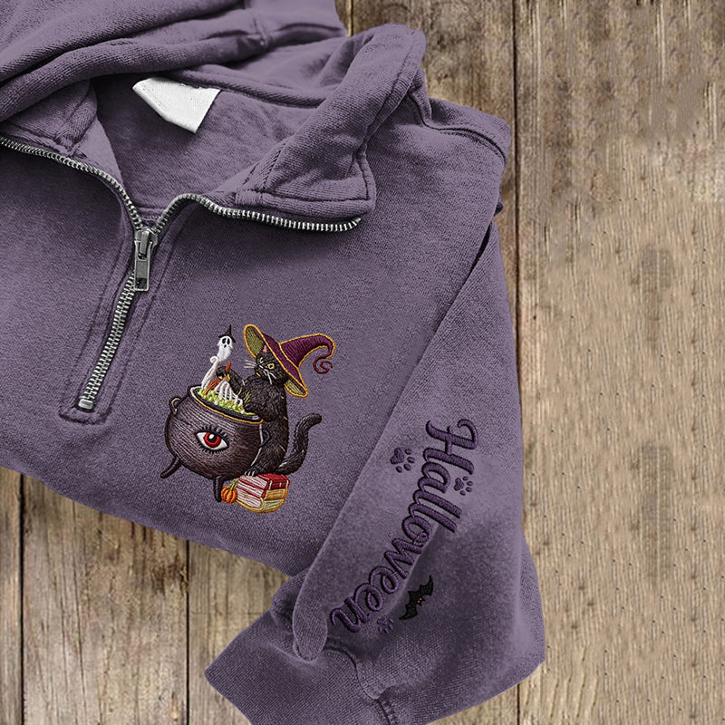 Comstylish Women's Halloween Cat Embroidered Zip Long Sleeve Sweatshirt