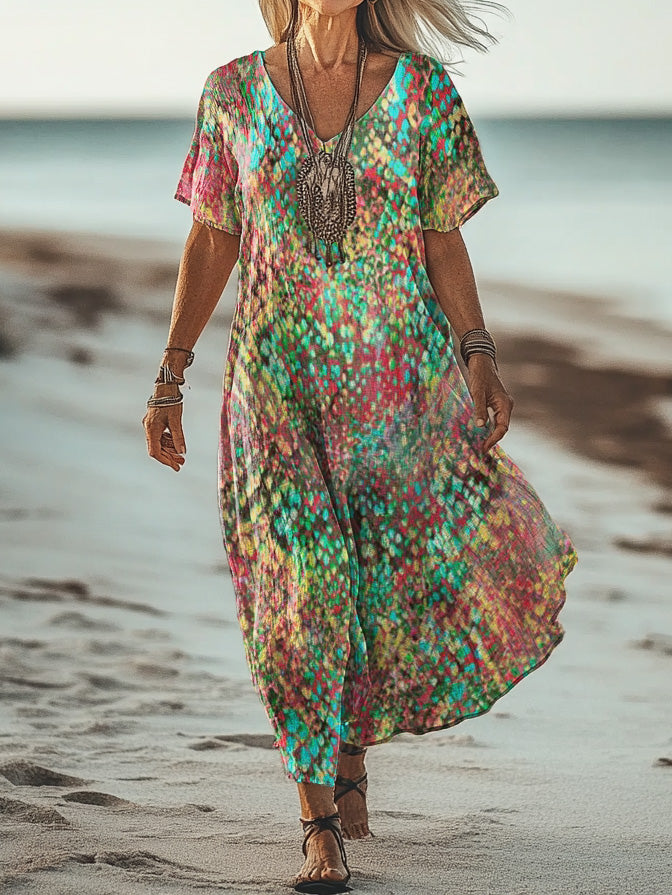 Women's Art Painting Hippie Vintage Print V-Neck Dress