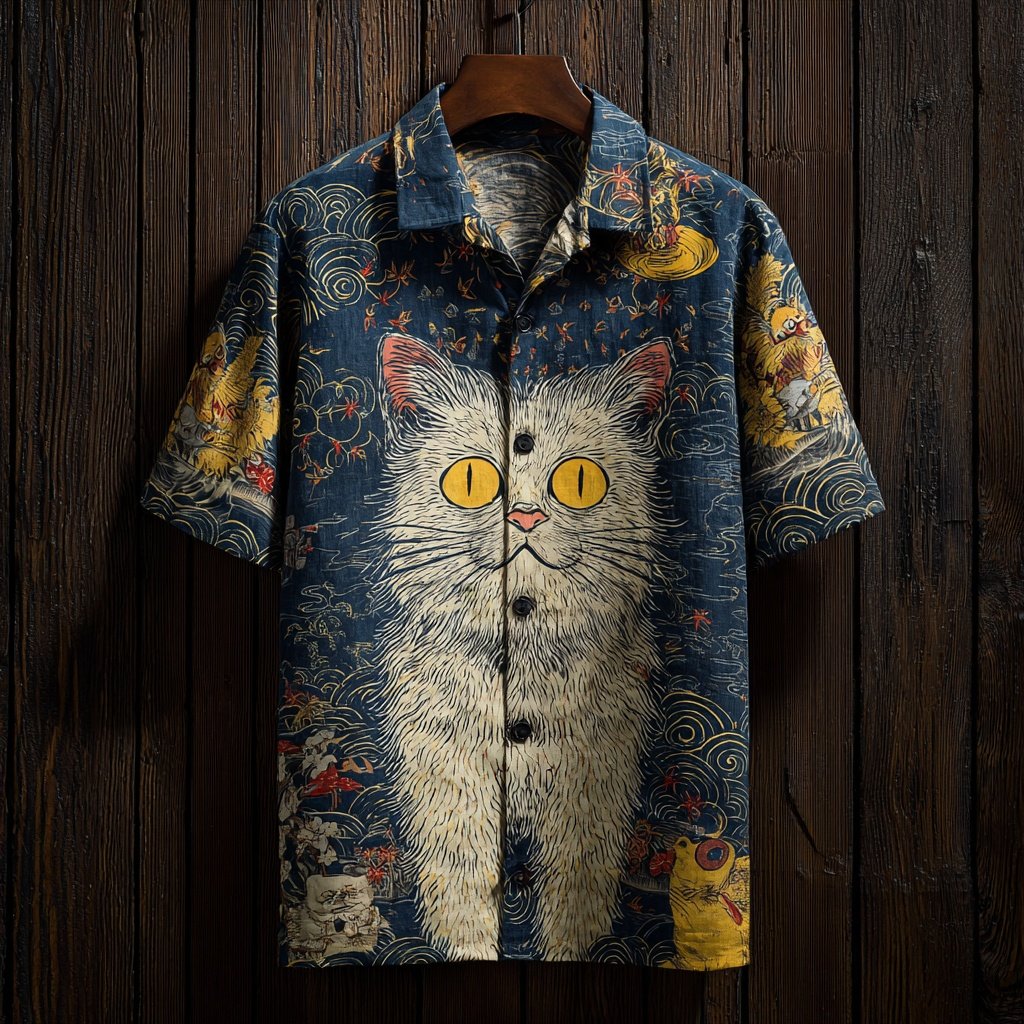 Japanese Art Style Fun Cat Elements Men's Short Sleeve Shirt elevenforest