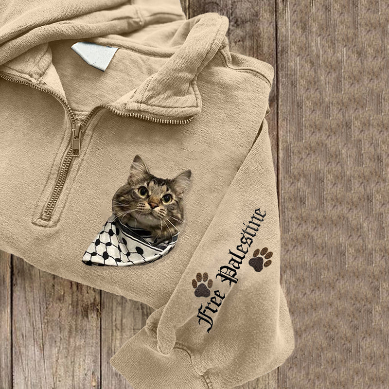 Keffiyeh Cat Felt Art Palestine Inspire Zipper Sweatshirt elevenforest
