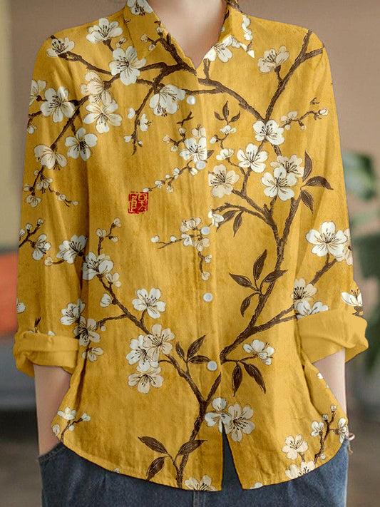 Comstylish Vintage Cherry Blossom Linen Blend Cozy Blouse