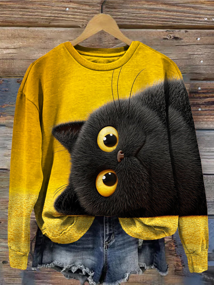 Comstylish Cute Black Cat Art Vintage Washed Sweatshirt