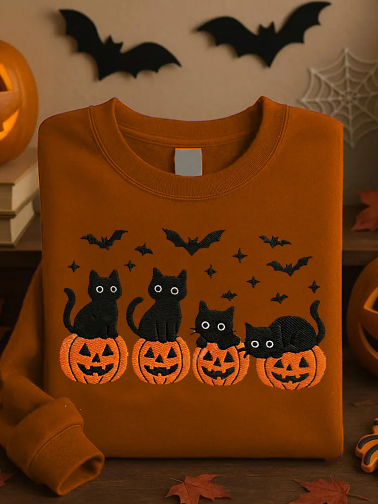 Women's Round Neck Halloween Black Cat Pumpkin Embroidery Loose Long Sleeve Sweatshirt artswardrobe