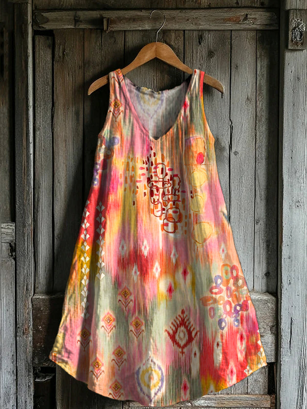 Women's Bohemian Art Print V-neck Pocket Cotton Dress