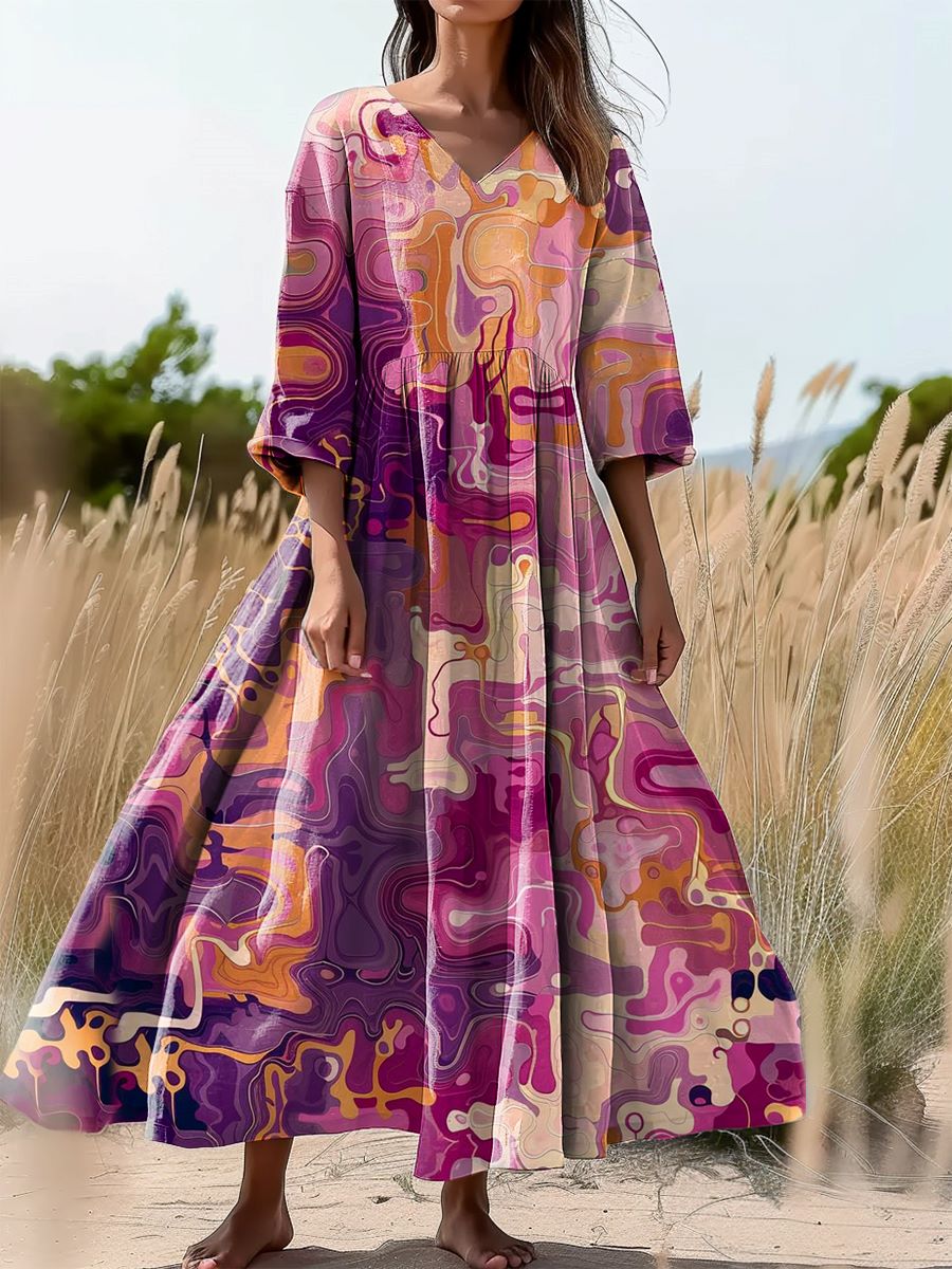 Women's Colorful Irregular Ripple Pattern Art Printed Flowing V-Neck C