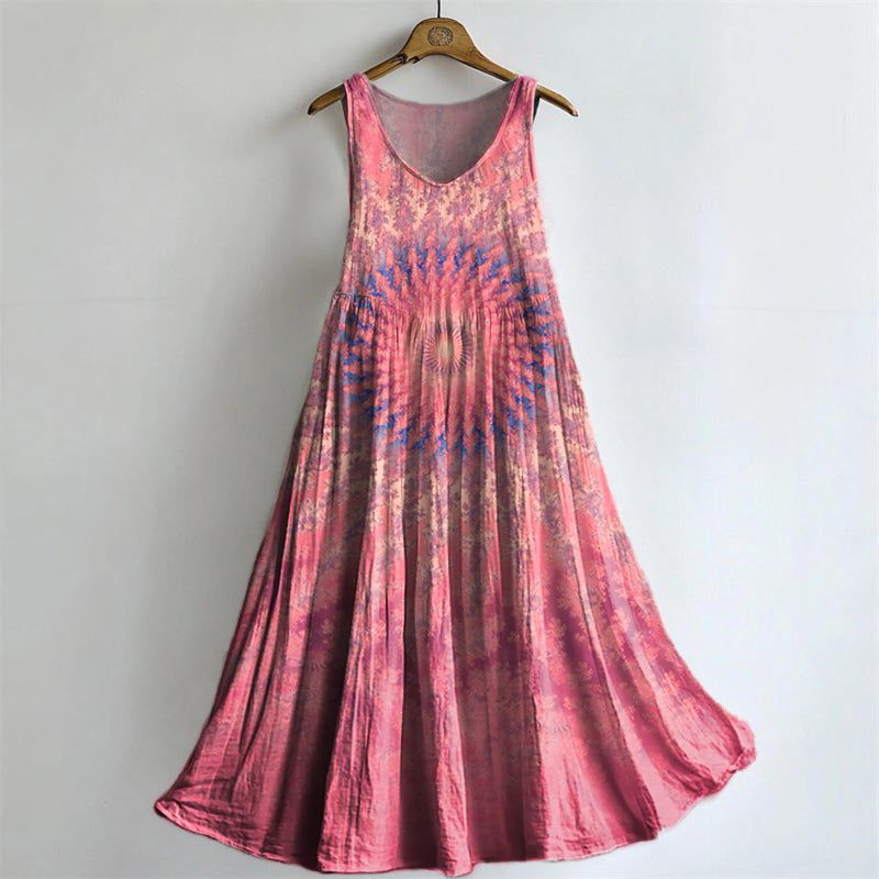 Women's Mandala Pattern Art Print V-Neck Pocket Cotton Dress
