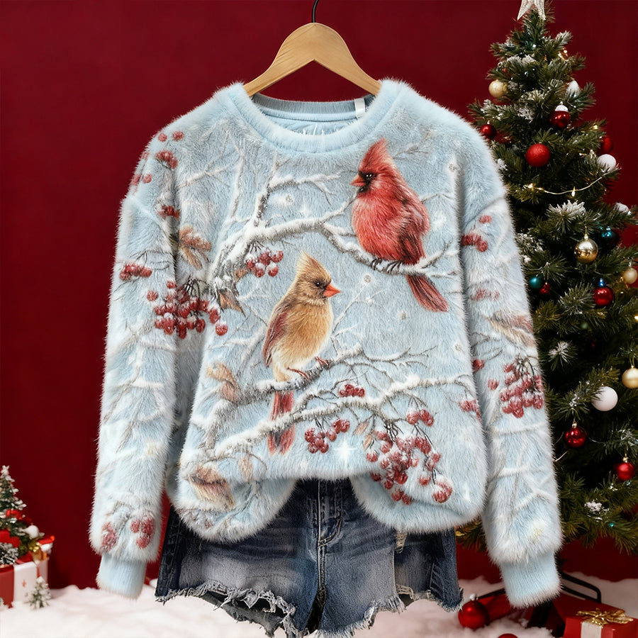 Comstylish Women's Christmas Floral And Bird Art Print Crew Neck Plush Sweatshirt