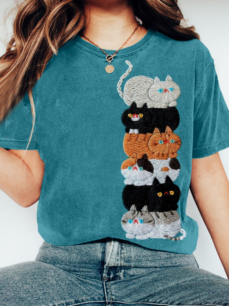 Cute Cats Embroidered Vintage Washed T Shirt elevenforest