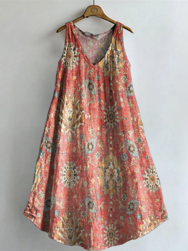 Women's Retro Ethnic Totem Pattern Print V-neck Pocket Cotton Dress