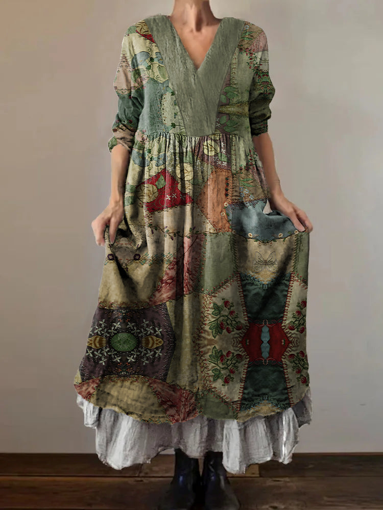 Women's Vintage Patchwork Art Print V-Neck Button Pocket Cotton Dress