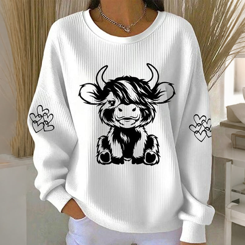 Women's Cute Highland Cow Print Crew Neck Long Sleeve Sweatshirt artswardrobe