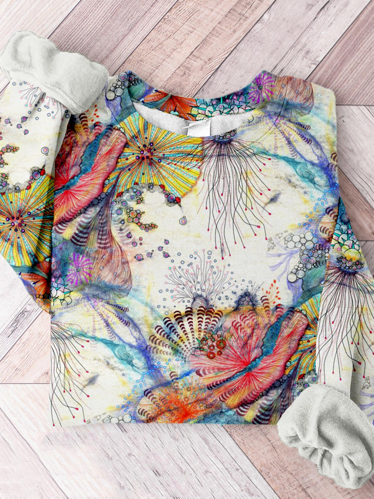 Comstylish Sea Blue and Coral Art Crew Neck Comfy Sweatshirt