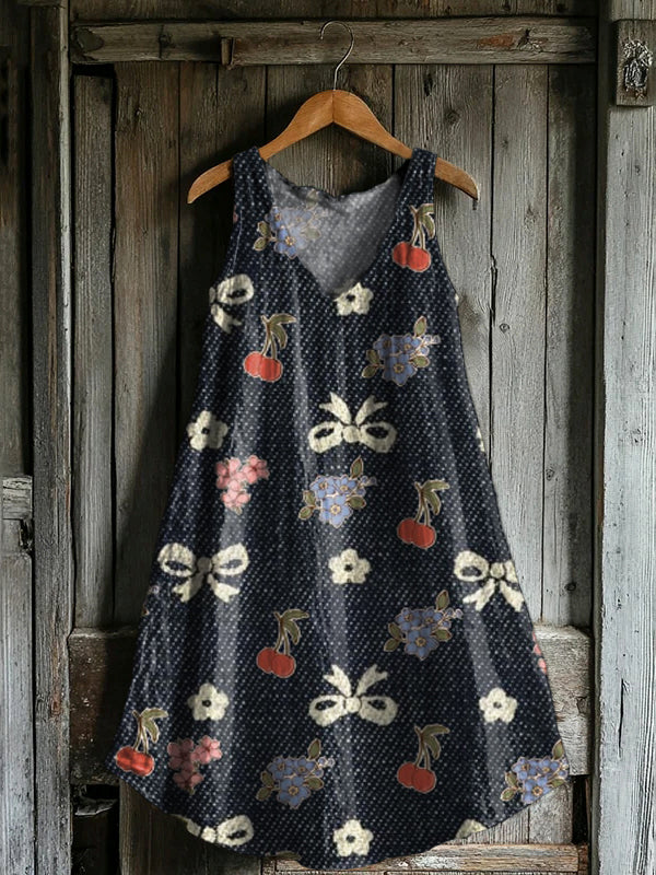 Women's Vintage Ethnic Flower Art Print V-neck Pocket Cotton Dress