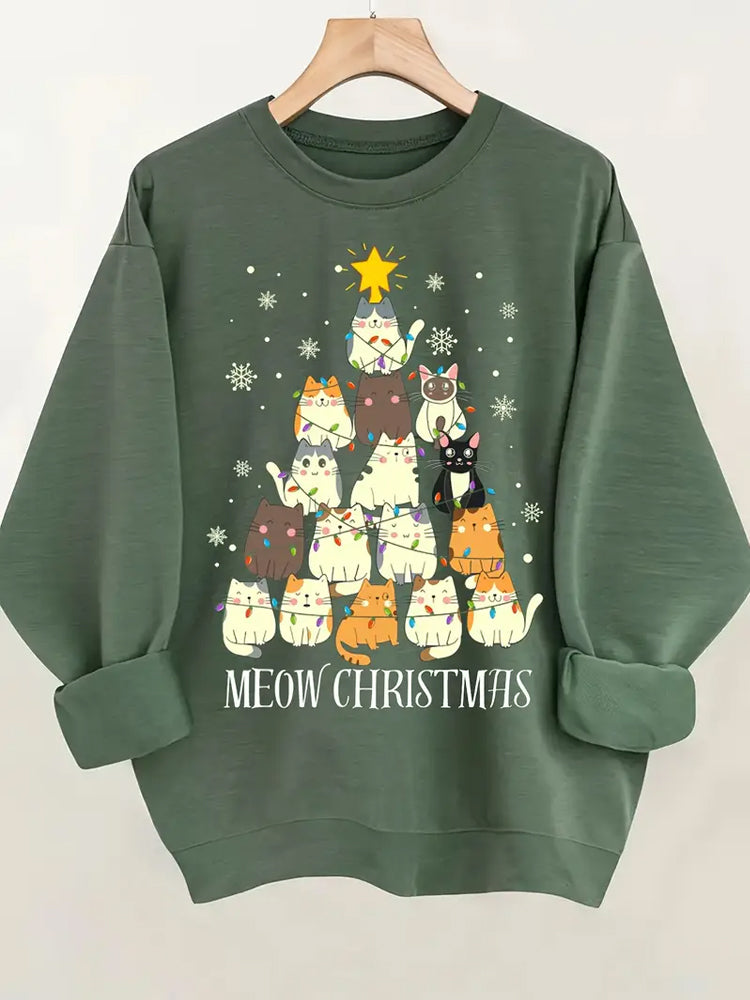 Festive Cat Christmas Tree Print Round Neck Sweatshirt elevenforest
