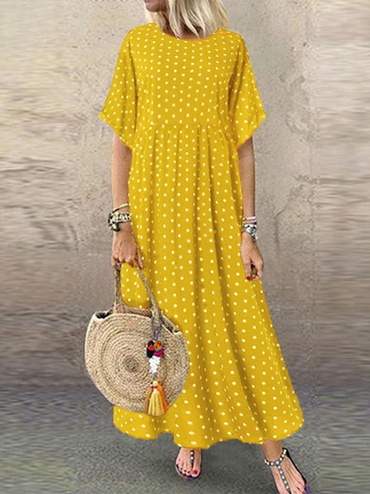 MW | Polka Dot Damen Midikleid Bohemian Urlaub Kurzarm O-Ausschnitt Lange Robe Vintage Locker Lässig A-line Vestidos Sommer