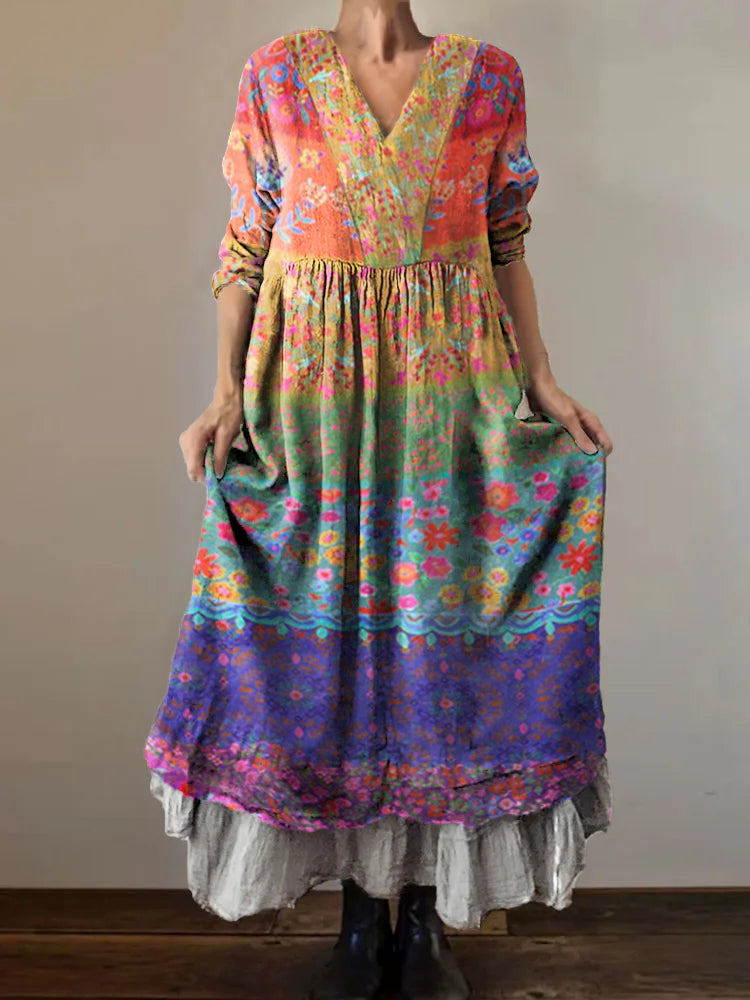 Women's Bohemian Floral Patchwork Art Pattern Print V-Neck Pocket Cott