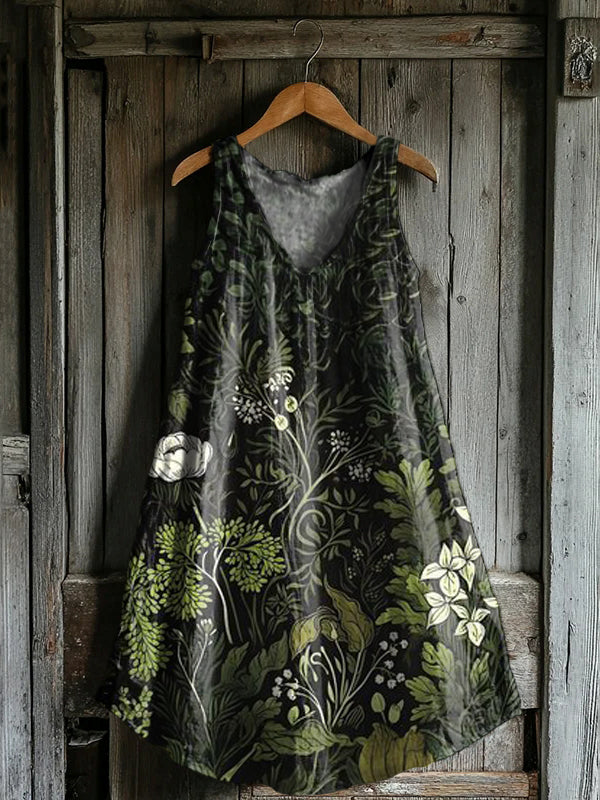 Women's Botanical Floral Art Print V-Neck Pocket Cotton Dress