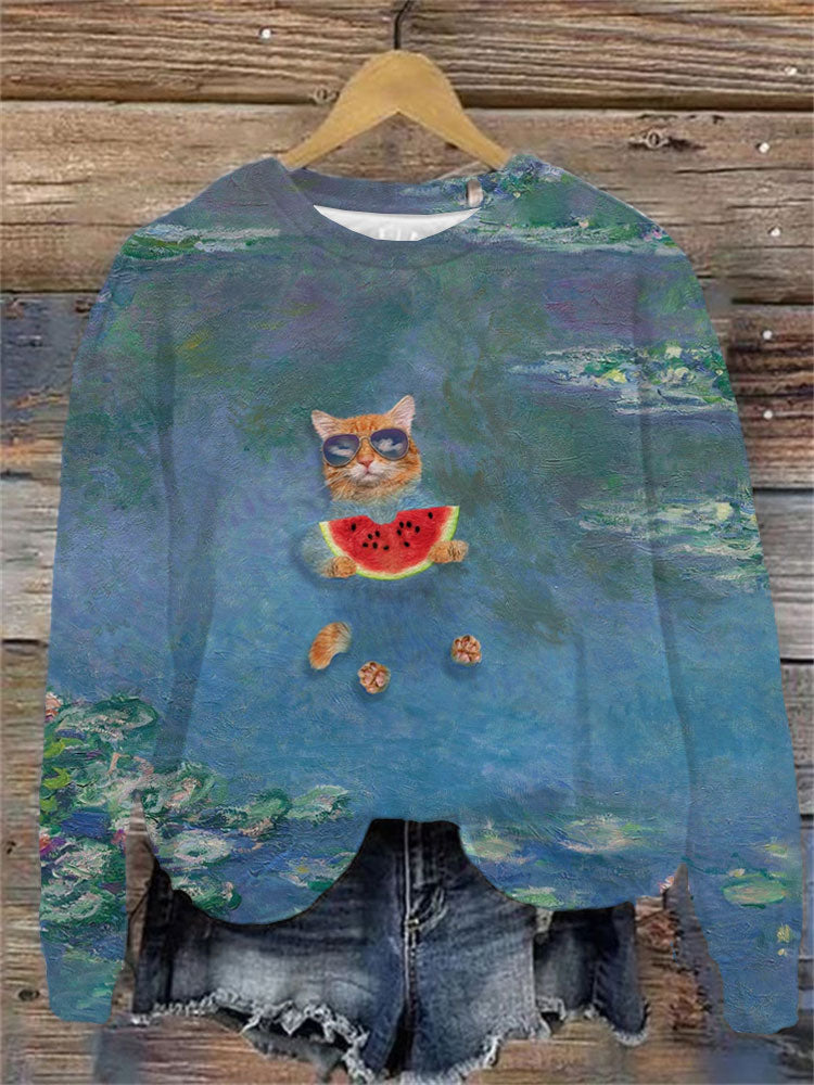 Oil Painting Inspiration Swimming Cat Print Sweatshirt elevenforest