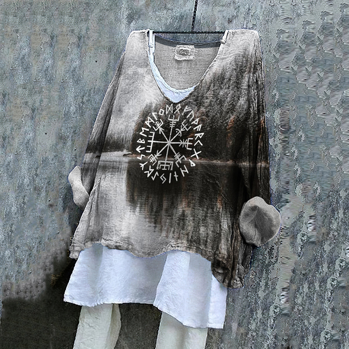 Comstylish Retro Tribal Viking Totem Landscape Printed Cotton Linen Blouse