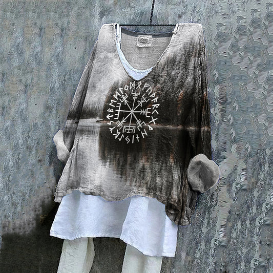 Comstylish Retro Tribal Viking Totem Landscape Printed Cotton Linen Blouse