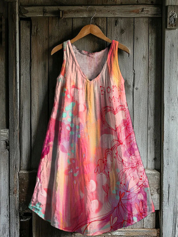 Women's Tie-Dye Heart Pattern Art Print V-Neck Pocket Cotton Dress
