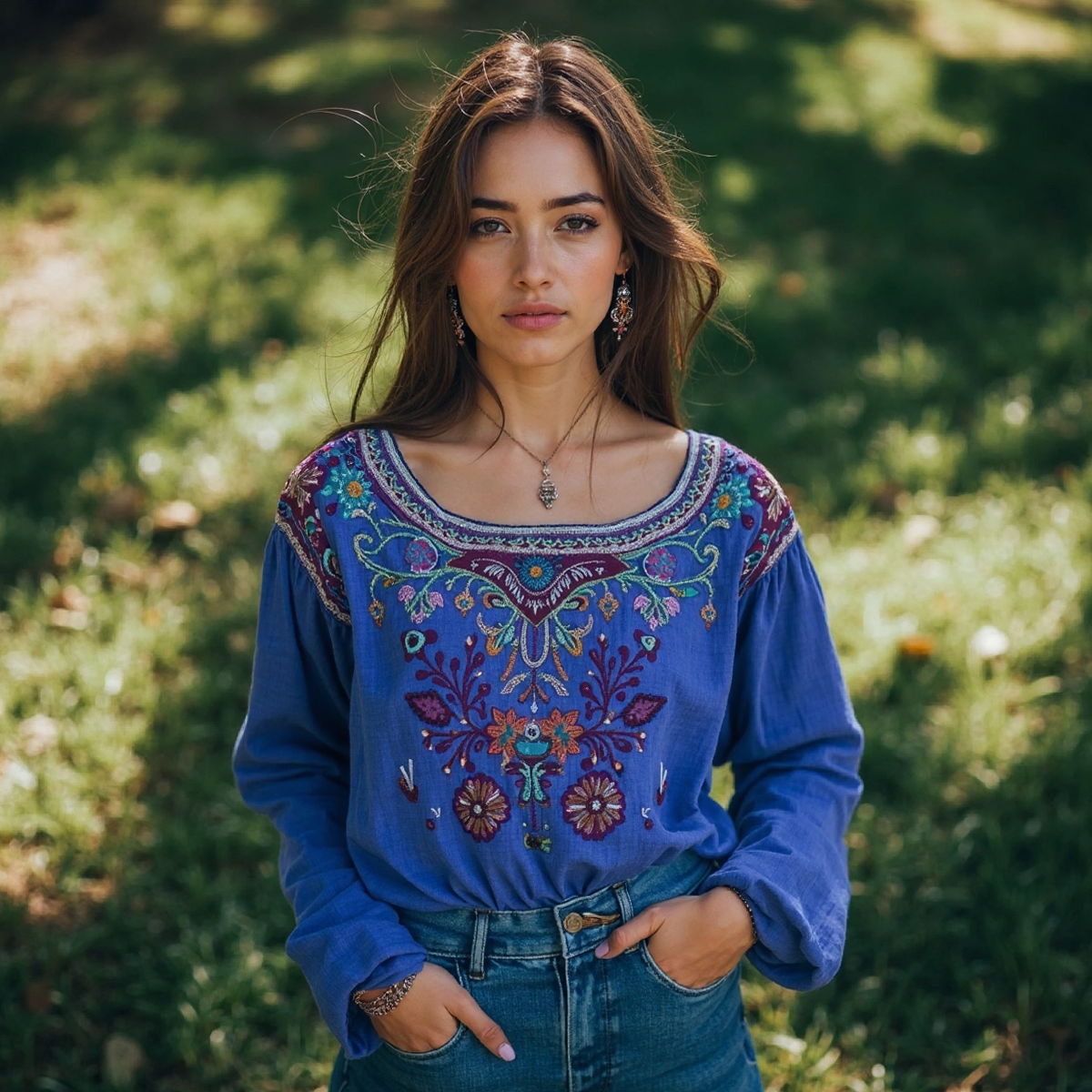 Retro Floral Embroidery Art Print Cotton And Linen Blend Loose Blouse artswardrobe