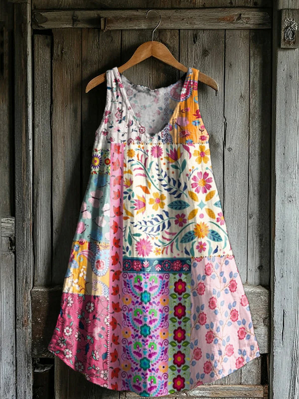 Women's Bohemian Floral Collage Pattern Print V-neck Pocket Cotton Dre