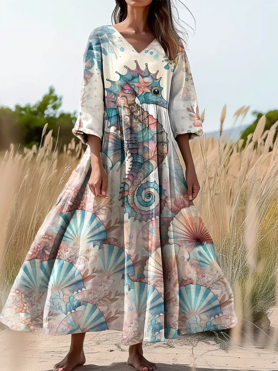 Women's Floral Seahorse Art Print Flowy V-Neck Cotton Dress