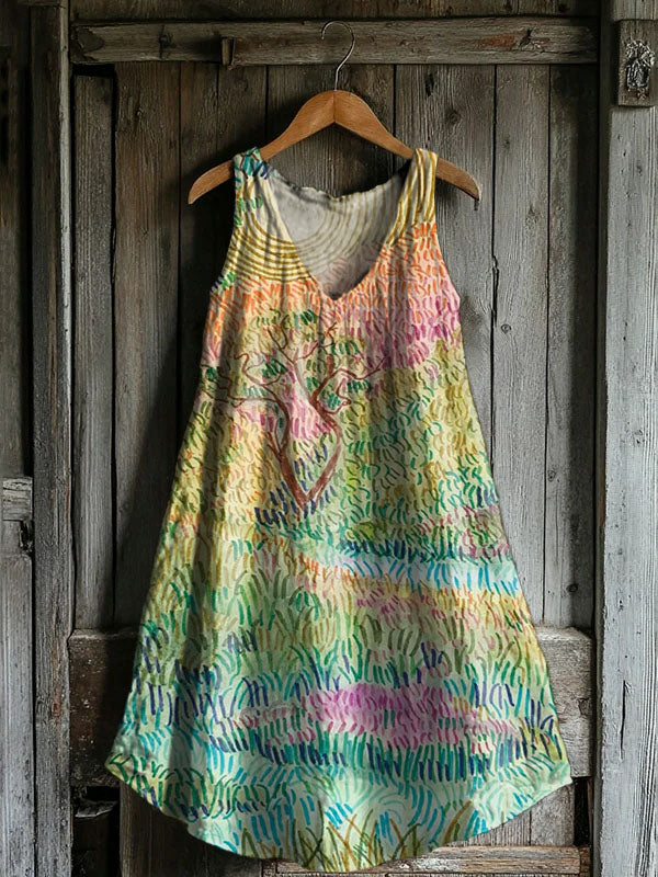 Women's Spring Meadow Pattern Art Print V-Neck Pocket Cotton Dress