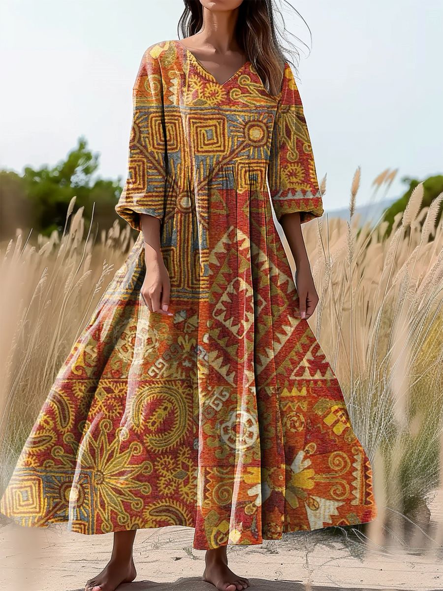 Women's Ethnic Tattoo Art Print Flowing V-Neck Cotton Dress